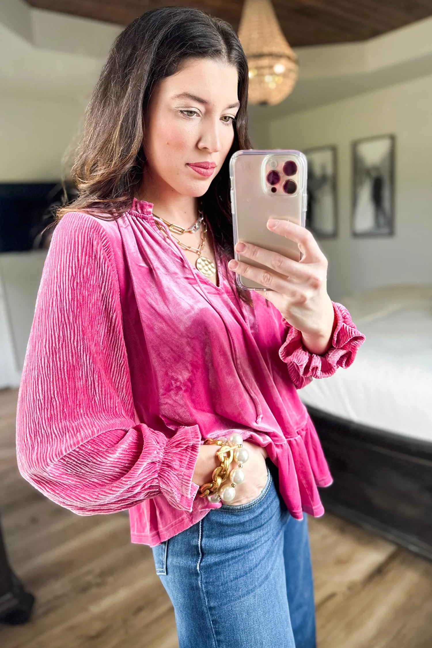 V Neck Velvet Ruffled Cuffs Hem Long Sleeve Top – Strawberry Pink
