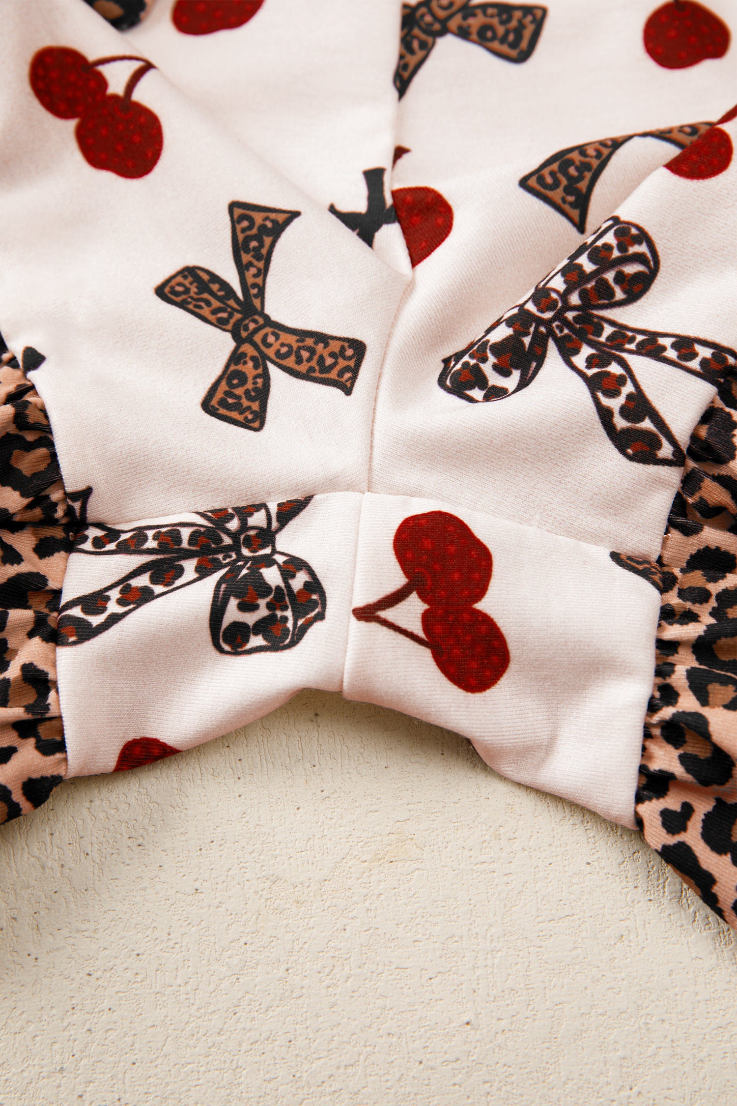 Chic Bow Cherry Print Leopard Contrast Shirt and Drawstring Pyjams