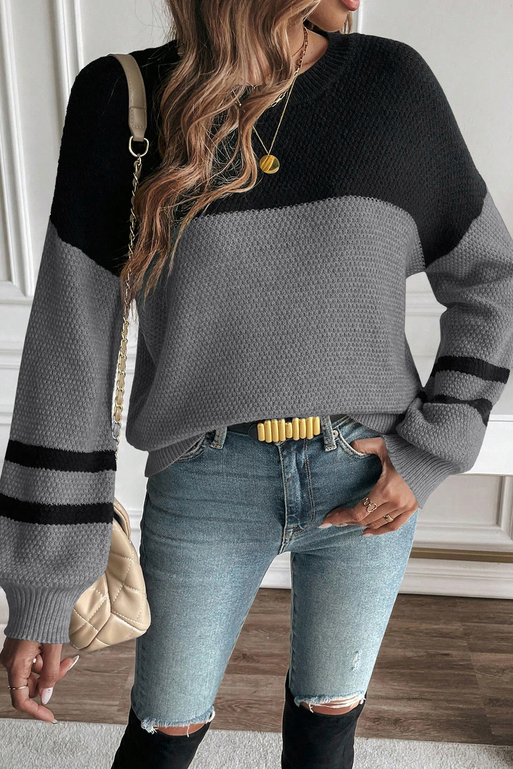 Colour Block Knit Striped Sleeve Detail Casual Sweater - eAura