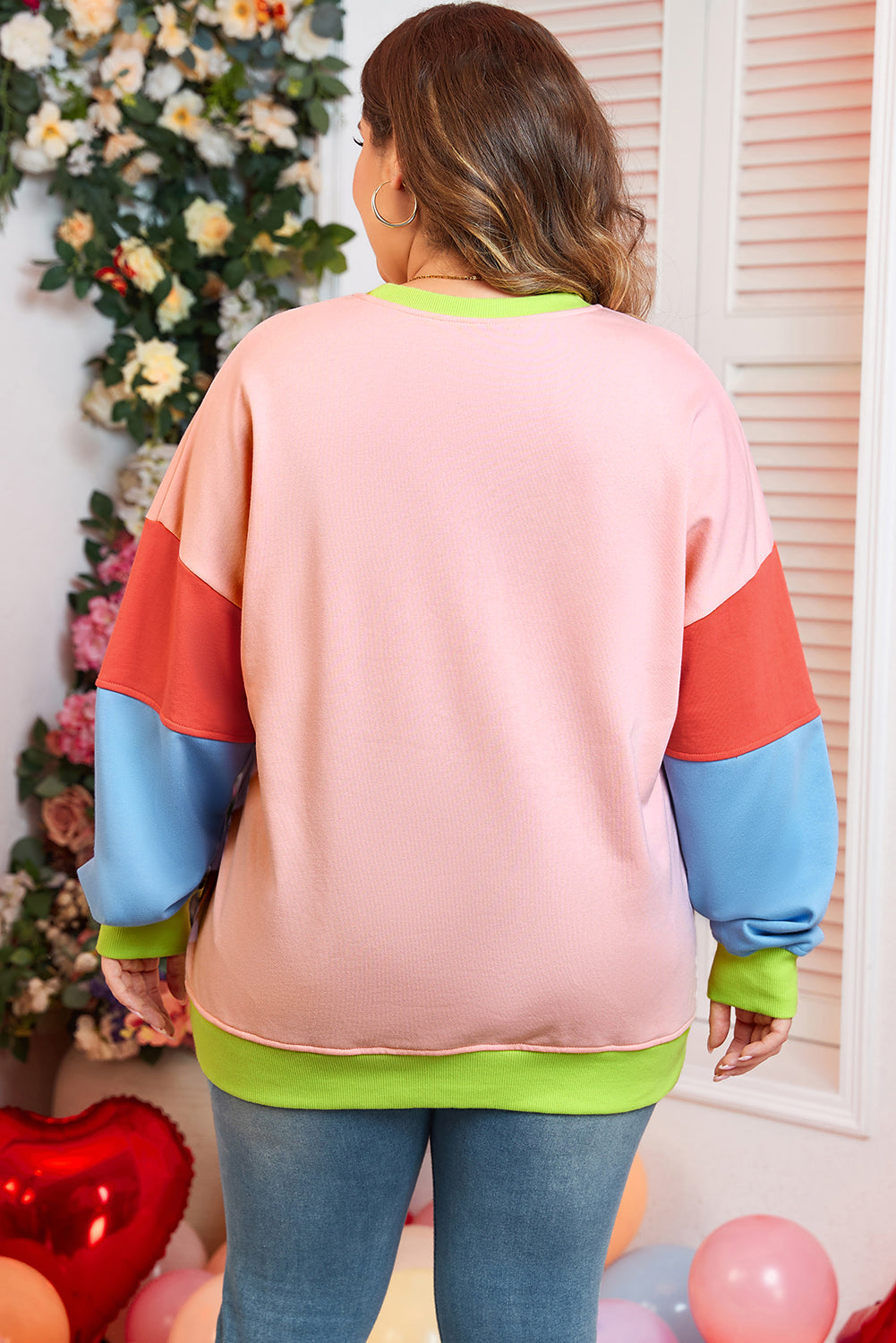 Light Pink Plus Size Colourblock Patchwork Crew Neck Sweatshirt BB Fashion Outlet