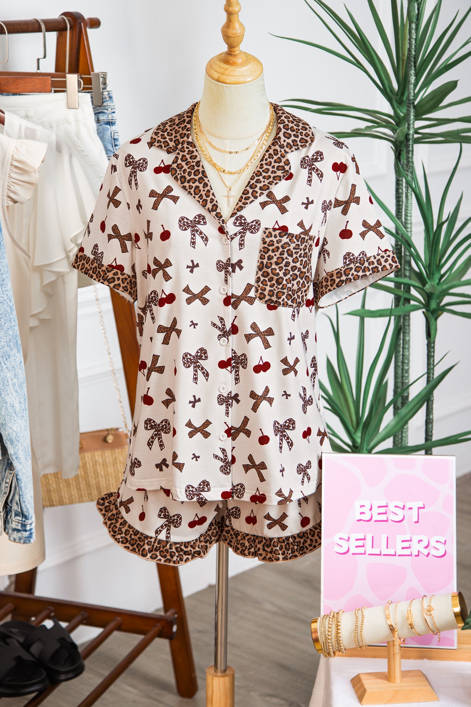 Chic Bow Cherry Print Leopard Contrast Shirt and Drawstring Pyjams