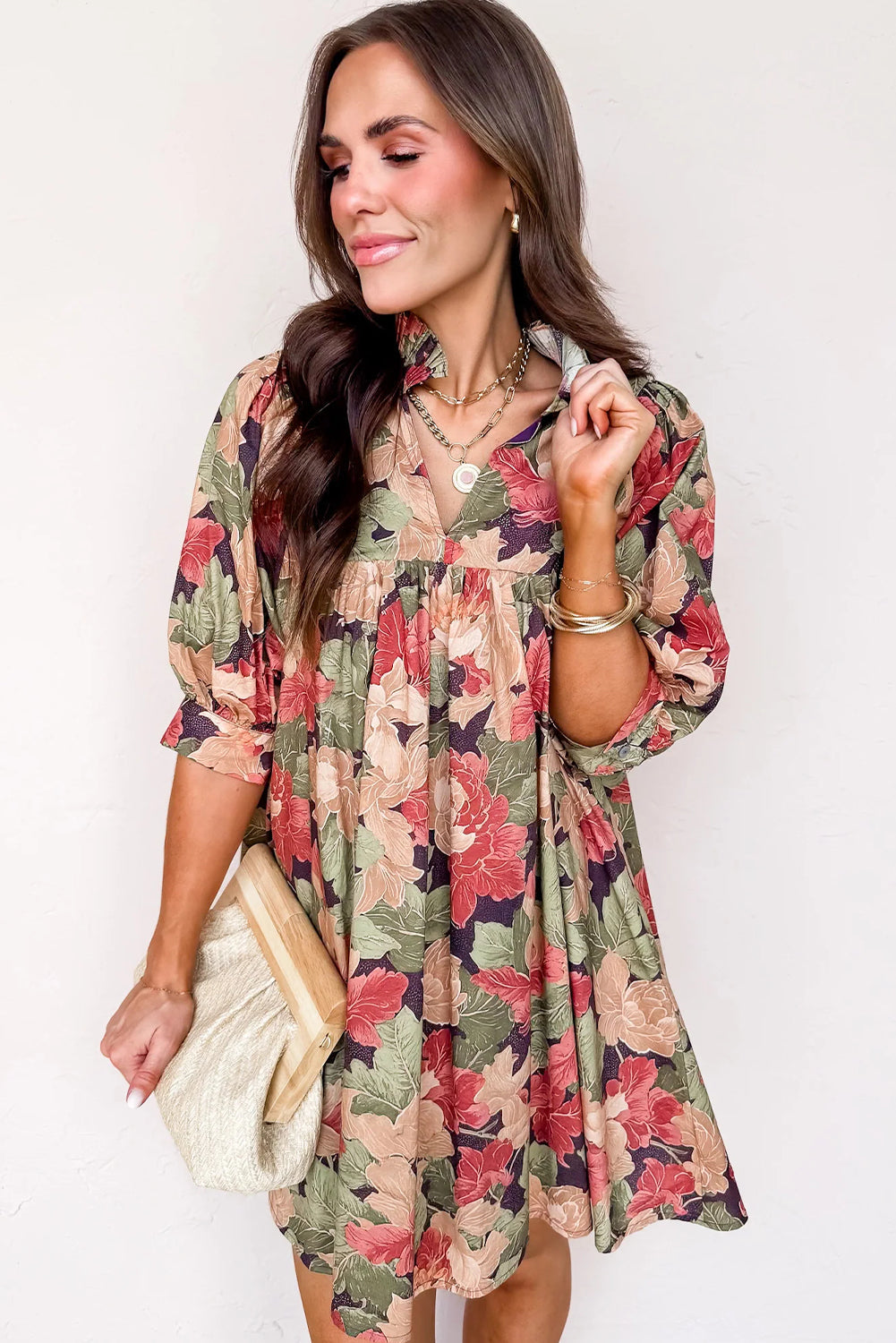 Floral Print Frilled Collar V-Neck Half Sleeve Mini Dress - eAura