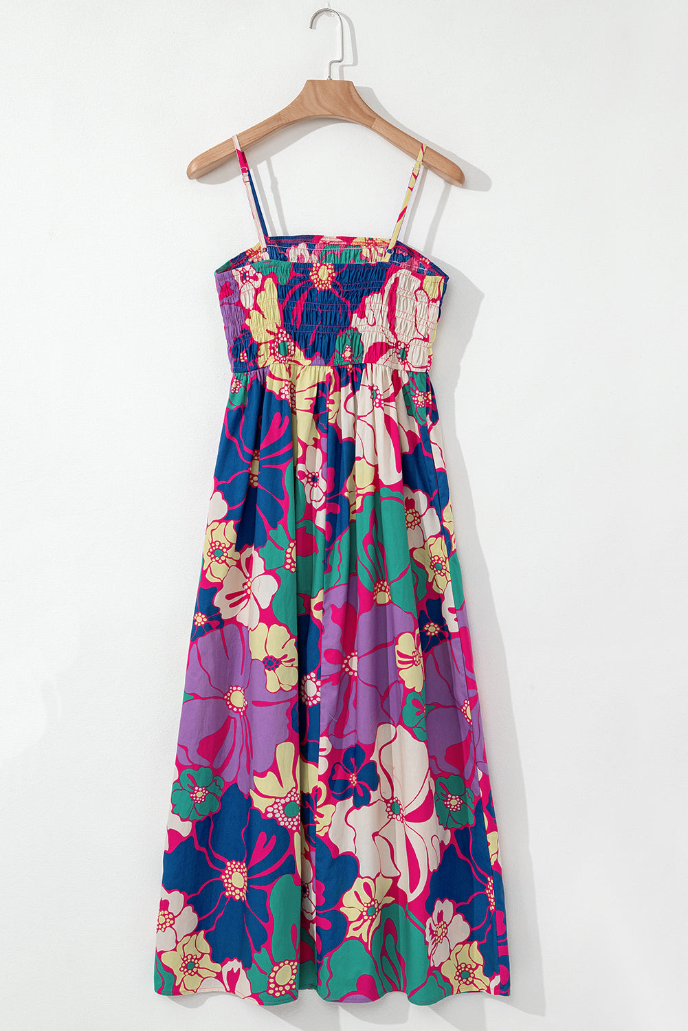 Purple Floral Print Shirred Spaghetti Strap Loose Maxi Dress eAura