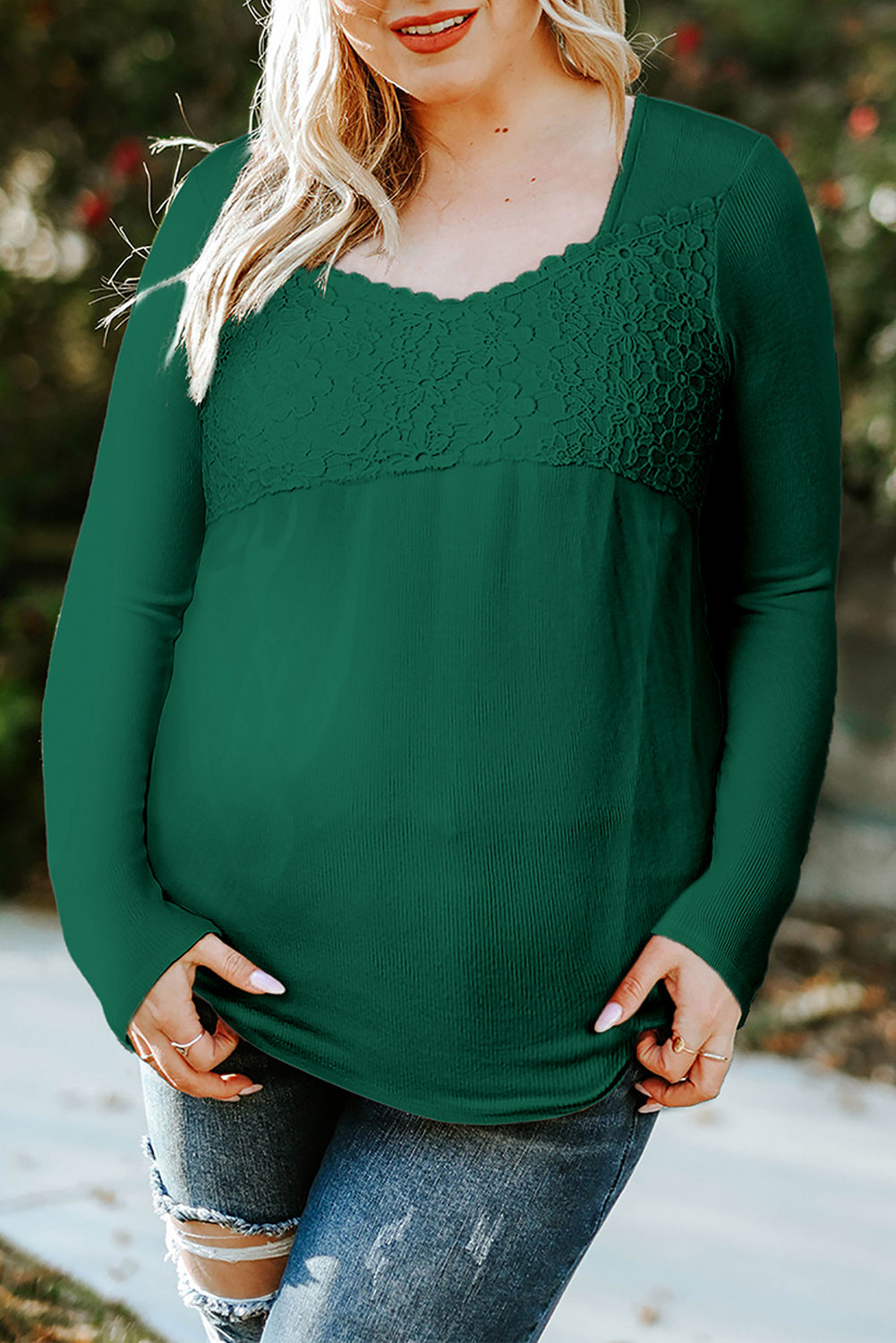 Lace Crochet V Neck Long Sleeve Top eAura