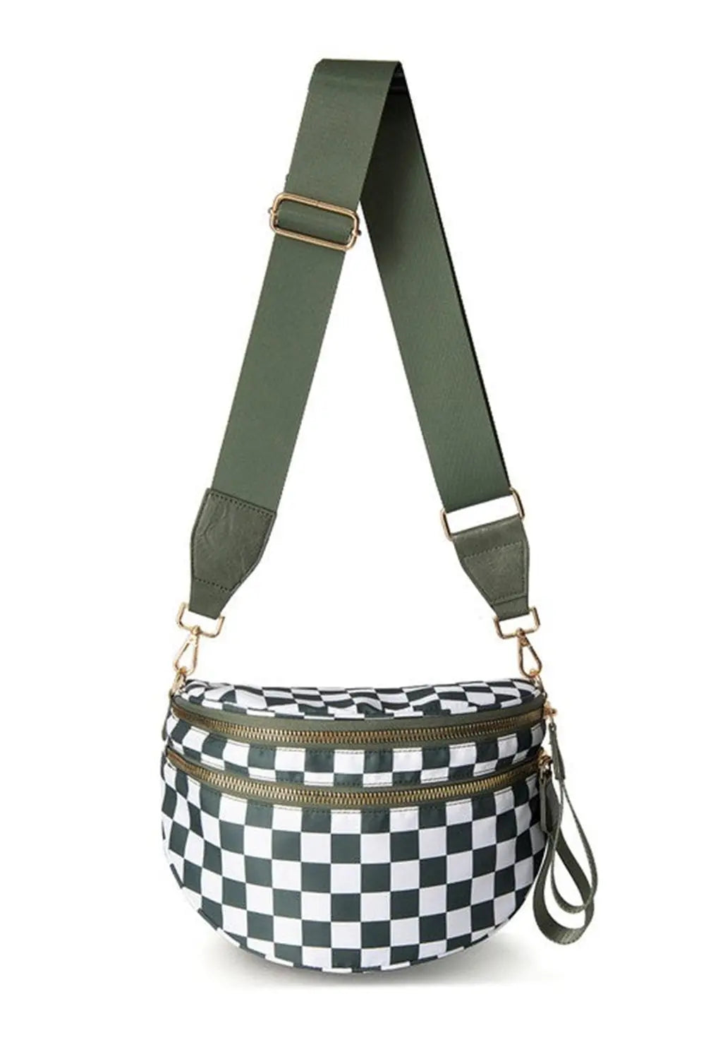 Dark Grey Checkered Print Wide Strap Large Crossbody Bag