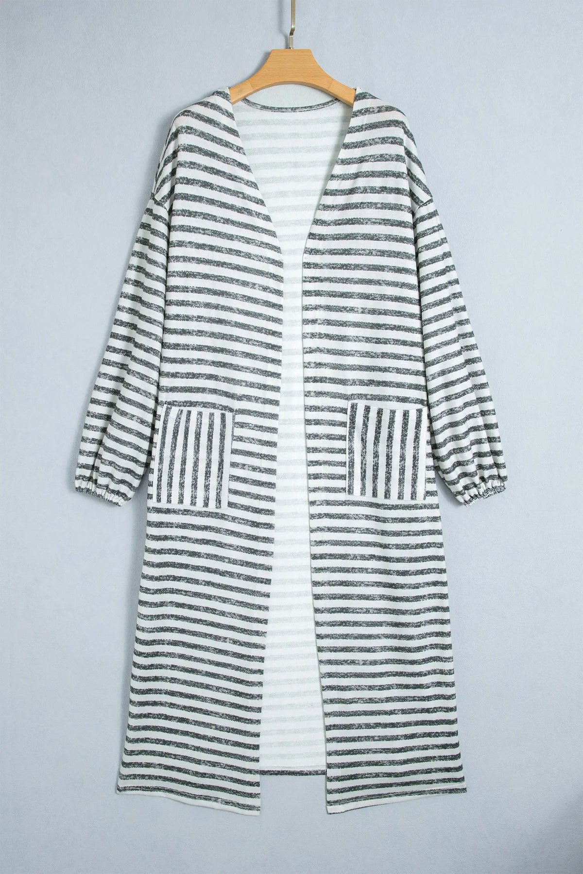 Long Puff Sleeve Open Front Oversized Long Cardigan – Khaki Stripe