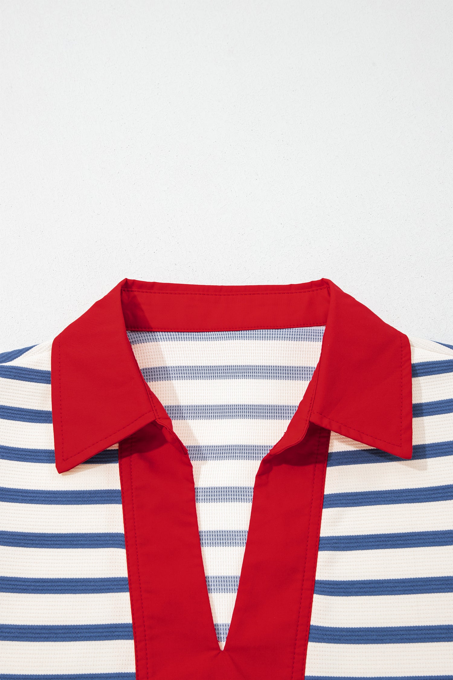 Short Puff Sleeve Color Block Polo Collar Blouse – Pink Stripe