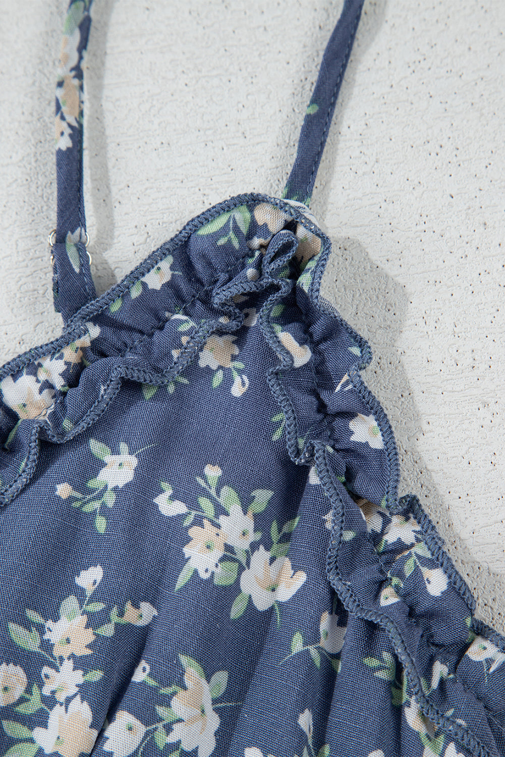 Blue Floral Spaghetti Strap Frilled V Neck Tiered Midi Dress eAura