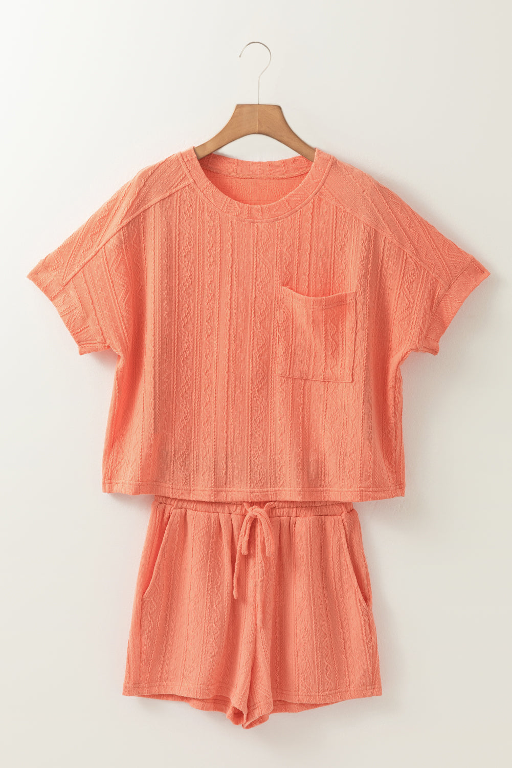 Pale Chestnut Textured Patched Pocket Short Sleeve Top Drawstring Shorts Set eAura