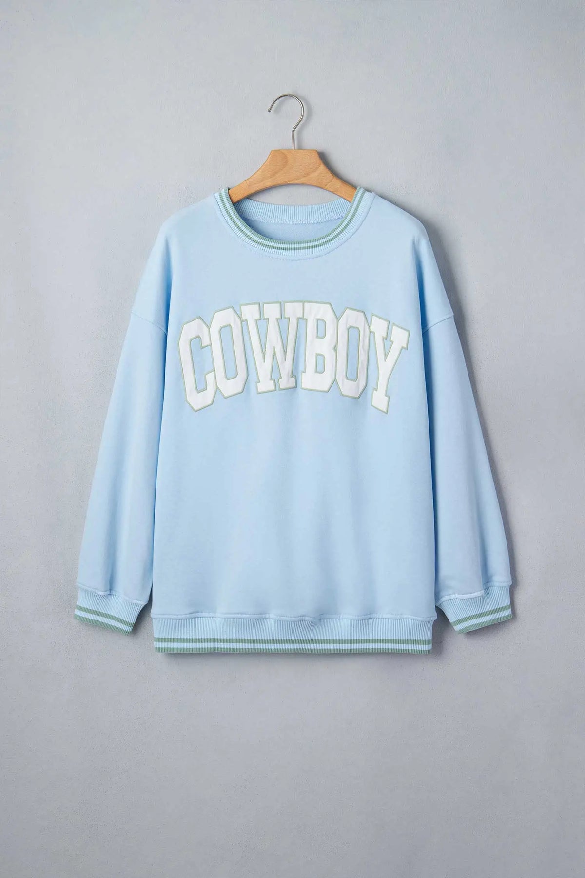 Embroidered Cowboy Letter Print Long Sleeve Round Neck Sweatshirt – Beau Blue