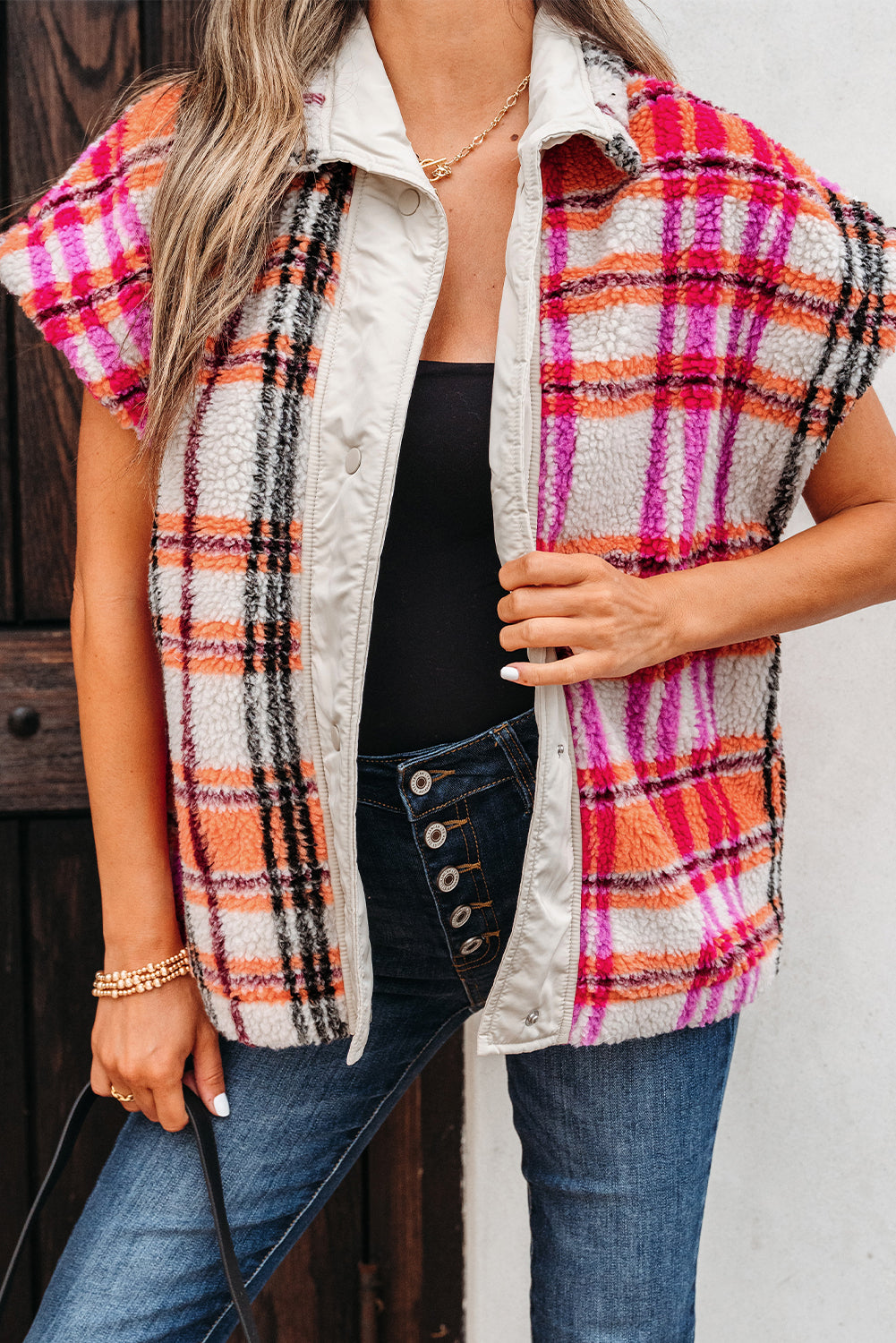 Rose Sherpa Plaid Jacket Gilet eAura