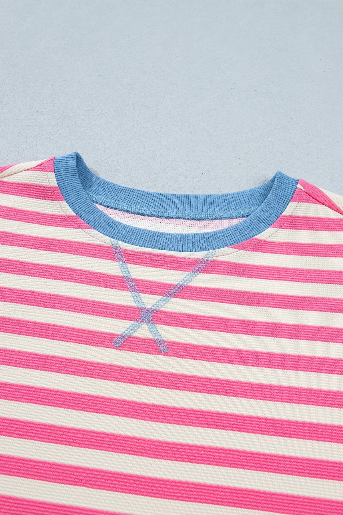 Contrast Patchwork Short Sleeve Loose Tee – Pink Stripe