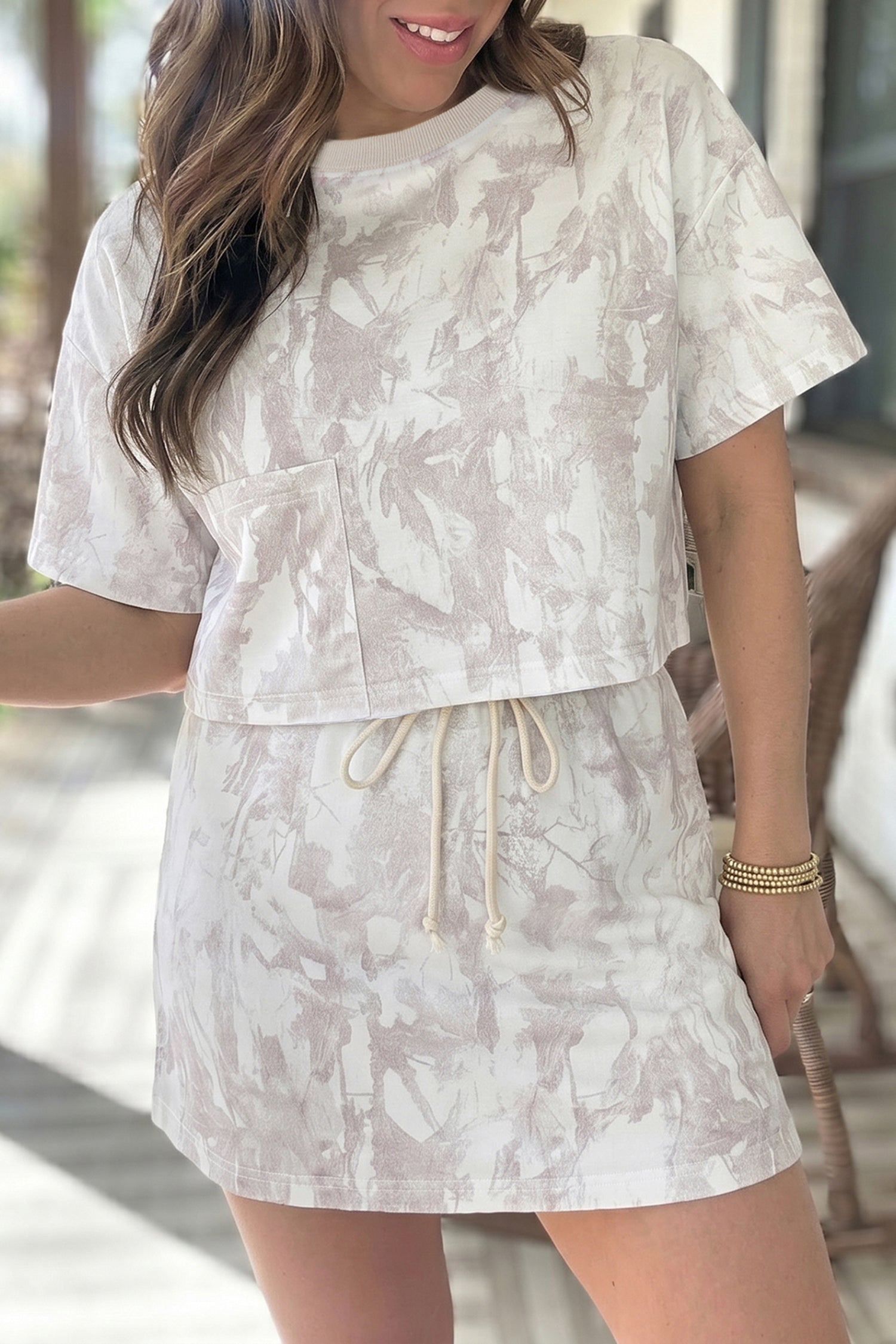 Gray Woodland Camo Print Raw Edge Cropped Top & Skirt Set