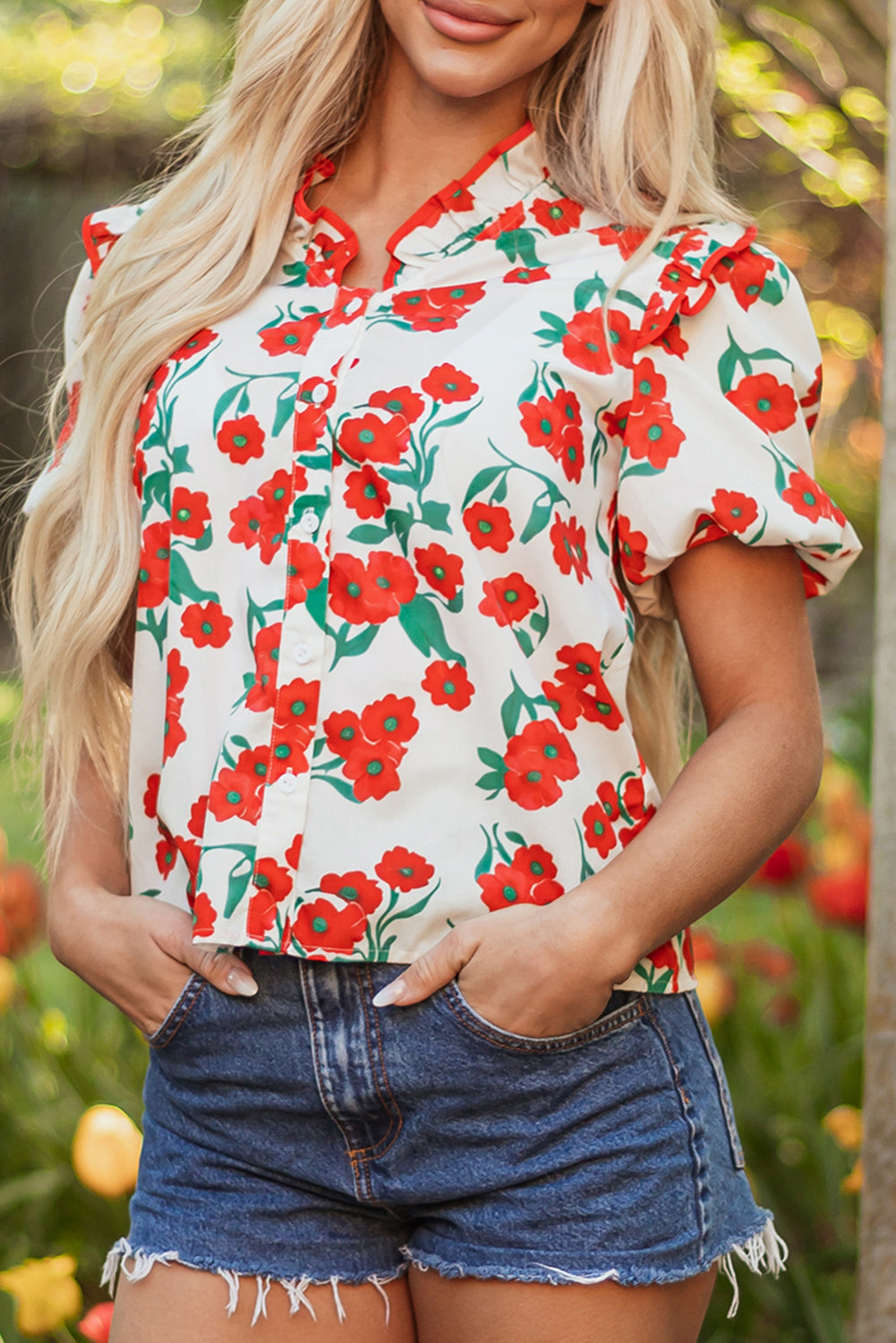 Red Floral Print Ruffled Puff Sleeve Elegant Summer Shirt eAura