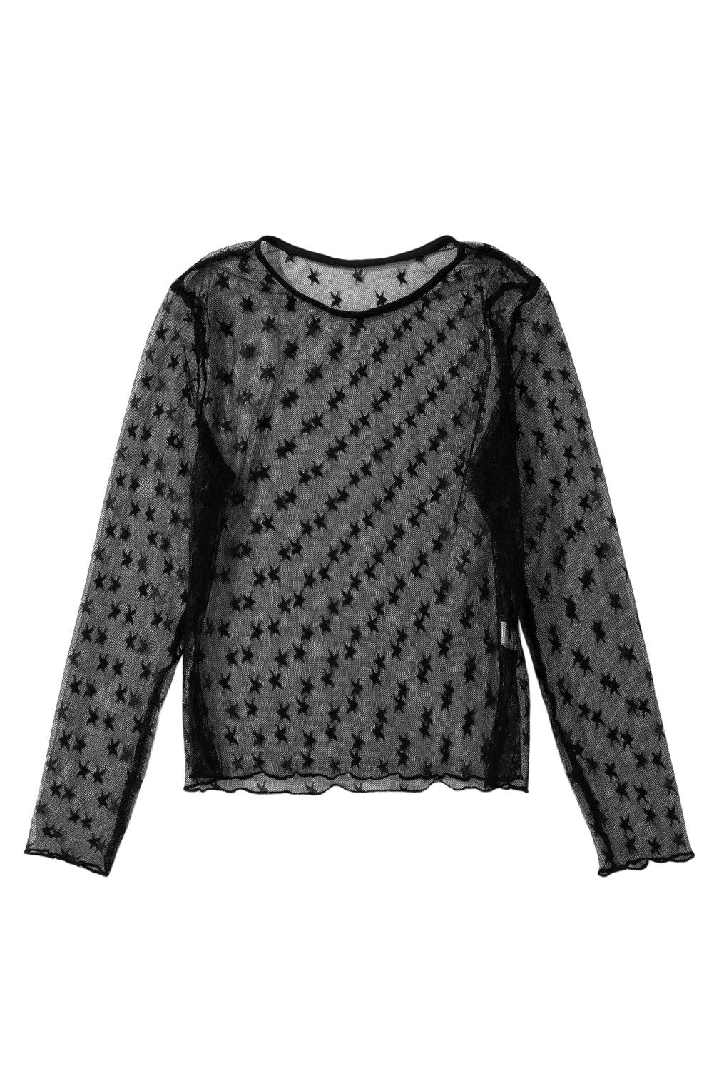 Black Star Print Mesh Sheer Slim Long Sleeve Top eAura