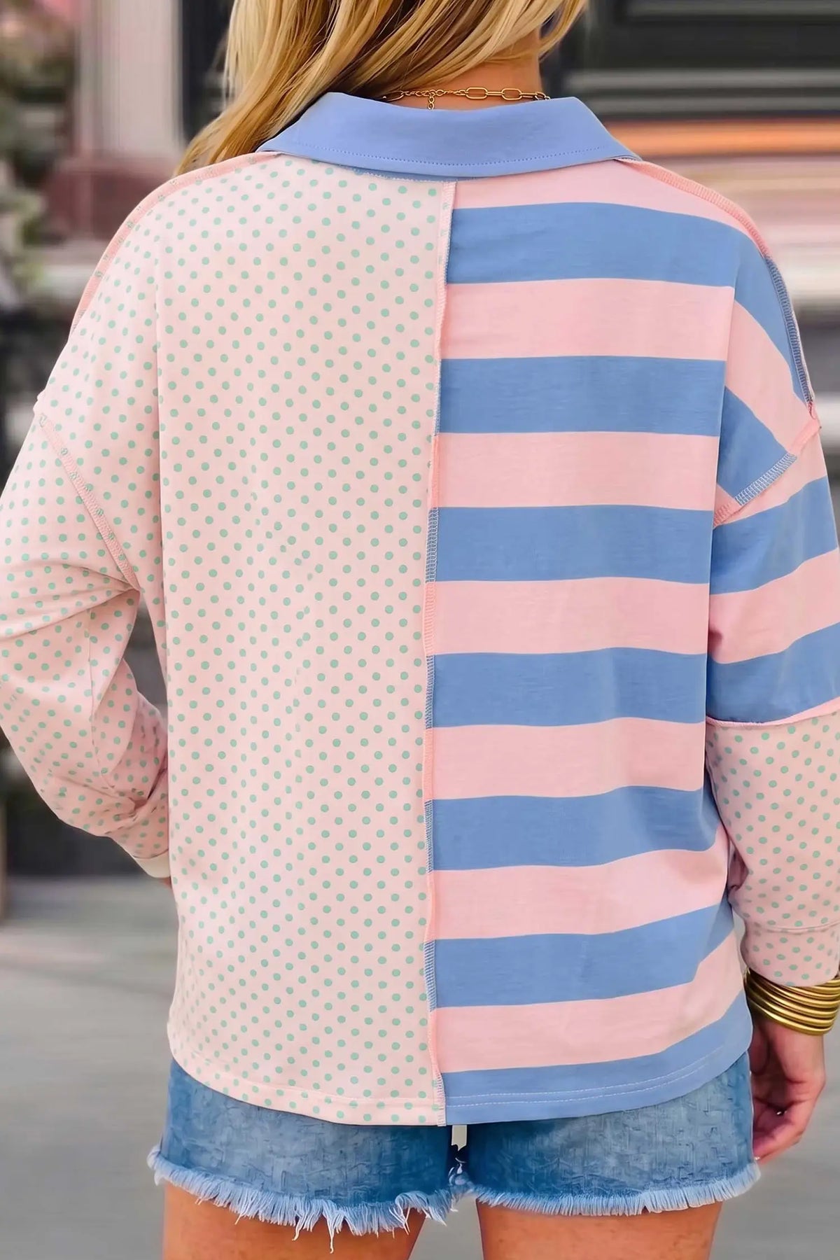 Polo Collar Long Sleeve Top — Patchwork Polka Dot & Stripe