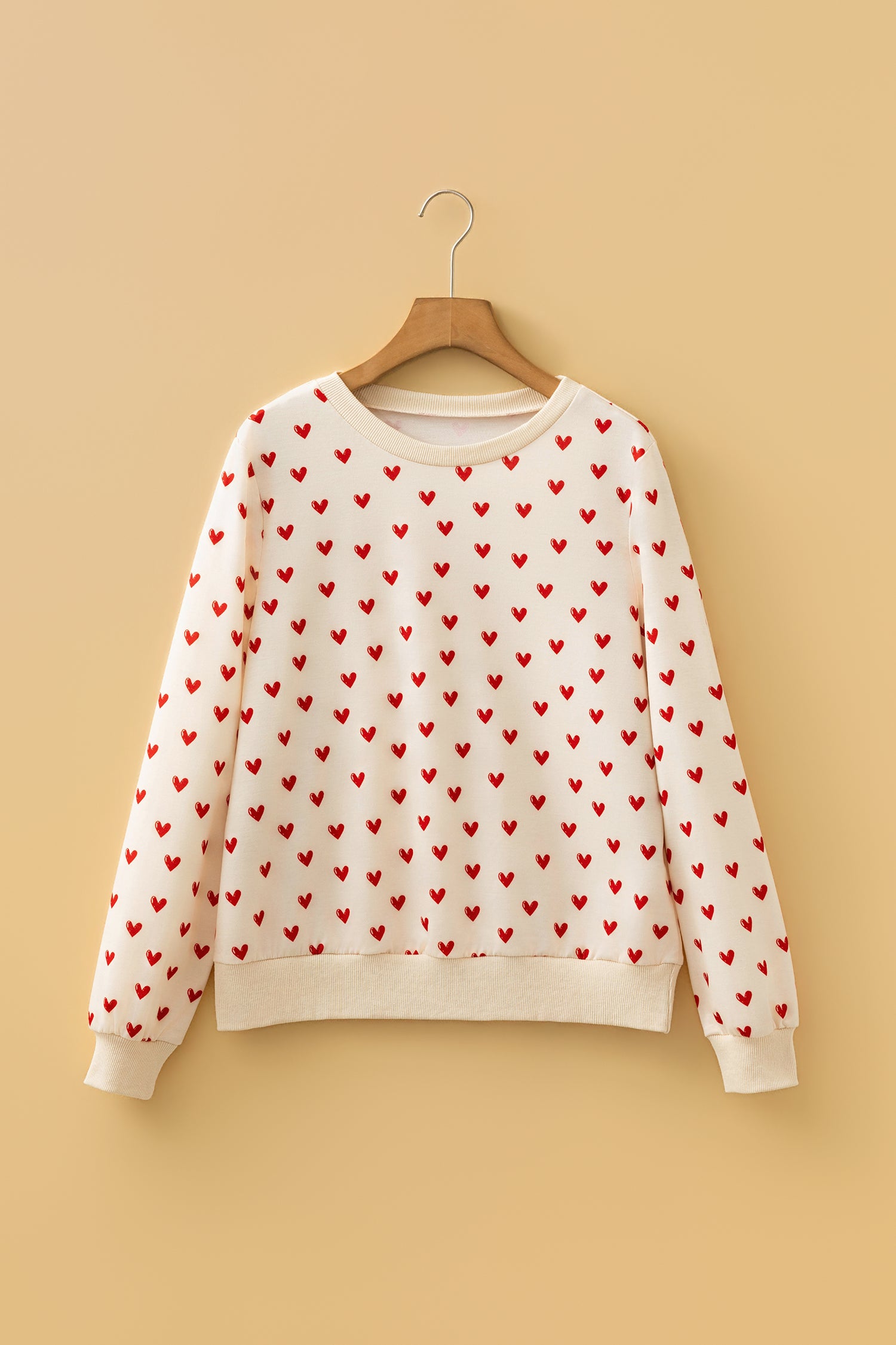 Heart Print Round Neck Long Sleeve Regular Fit Sweatshirt – Beige