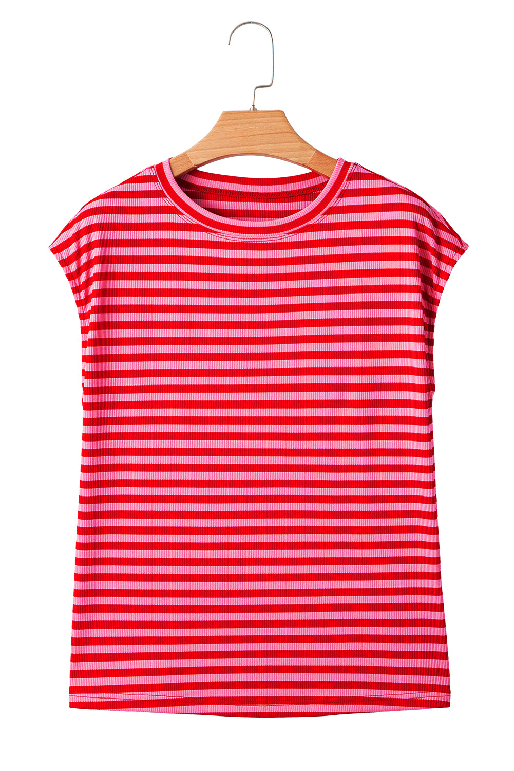 Red Stripe Ribbed Cap Sleeve Round Neck T Shirt - eAura