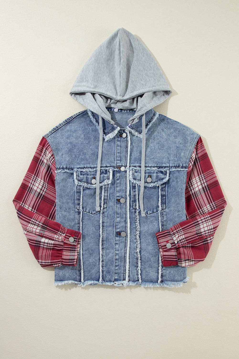 Beau Blue Plaid Print Patchwork Hooded Raw Hem Denim Jacket Beagle Boutique Fashion Outlet