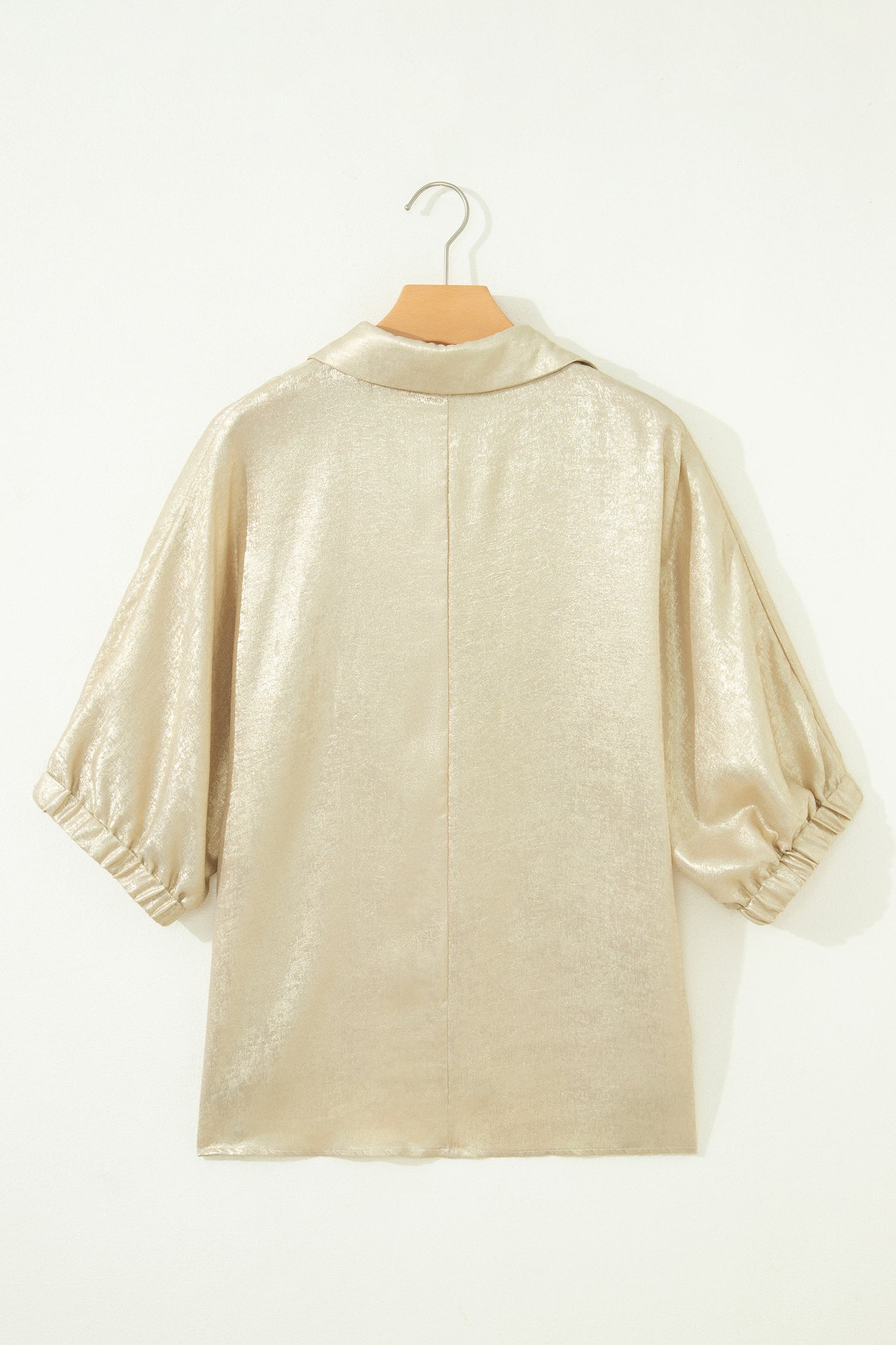 Collared V-Neck Half Sleeve Metallic Top