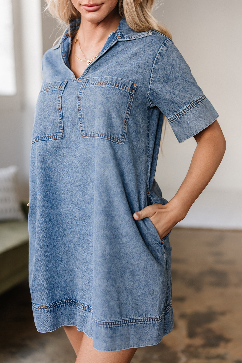 Beau Blue Short Sleeve Collared Patched Pocket Denim Mini Dress BB Fashion Outlet