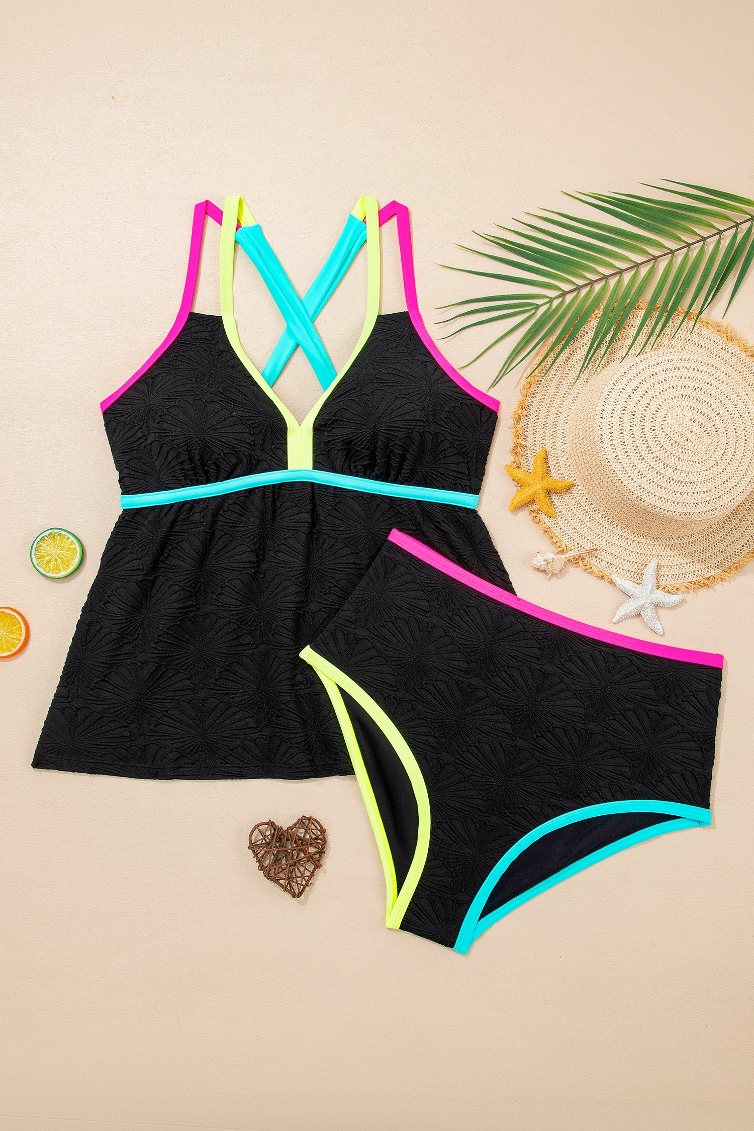 Floral Textured Neon Trim V-Neck Crisscross Backless Tankini Set