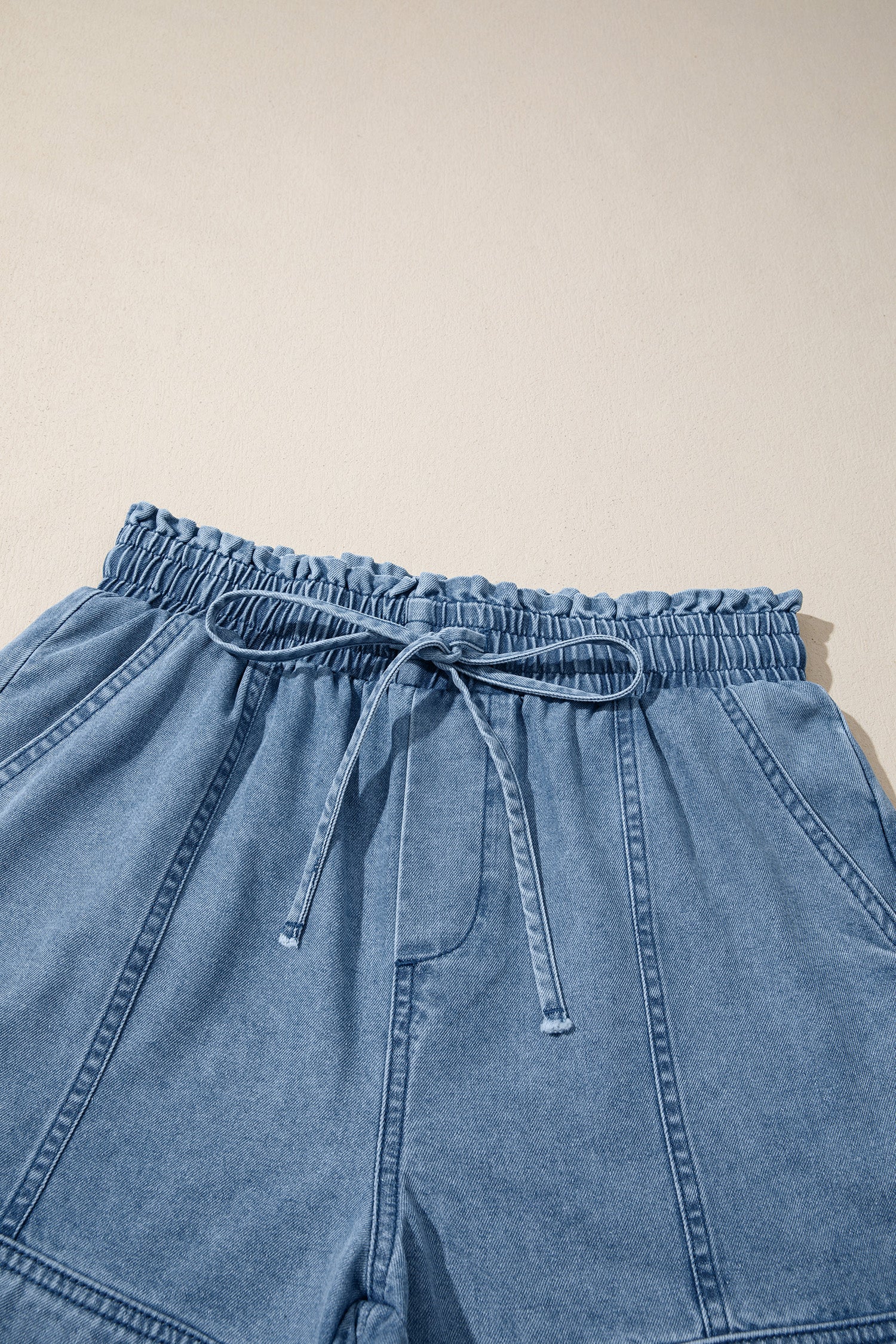 Smocked Elastic Waist Denim Shorts – High Waist with Drawstring