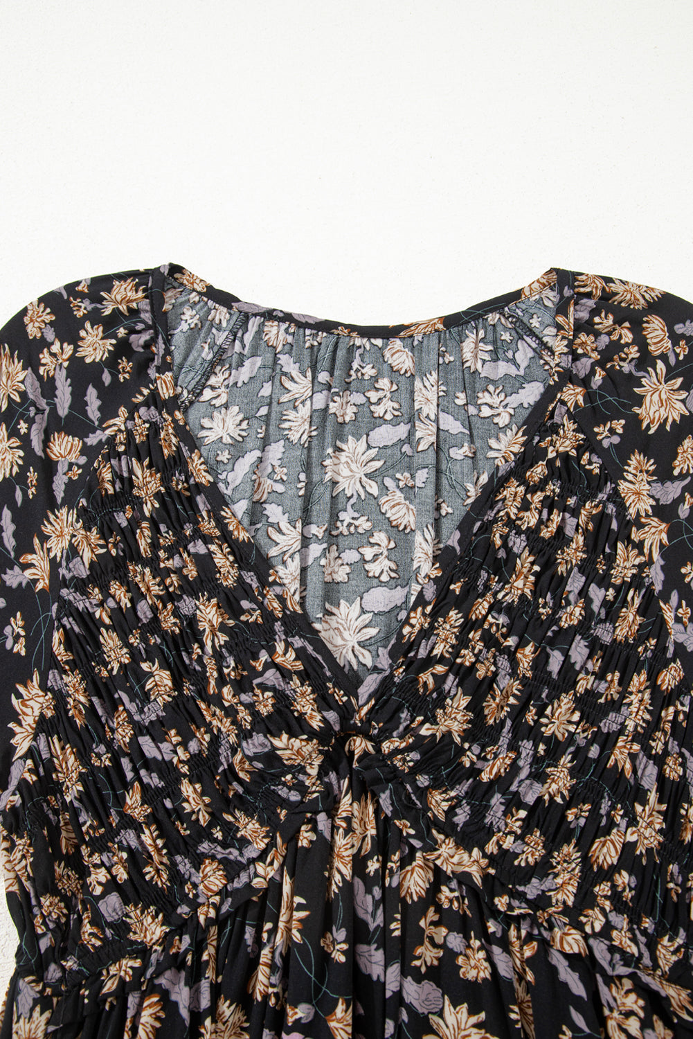 Beige Floral Deep V Neck Smocked Bust Bubble Sleeve Babydoll Dress eAura