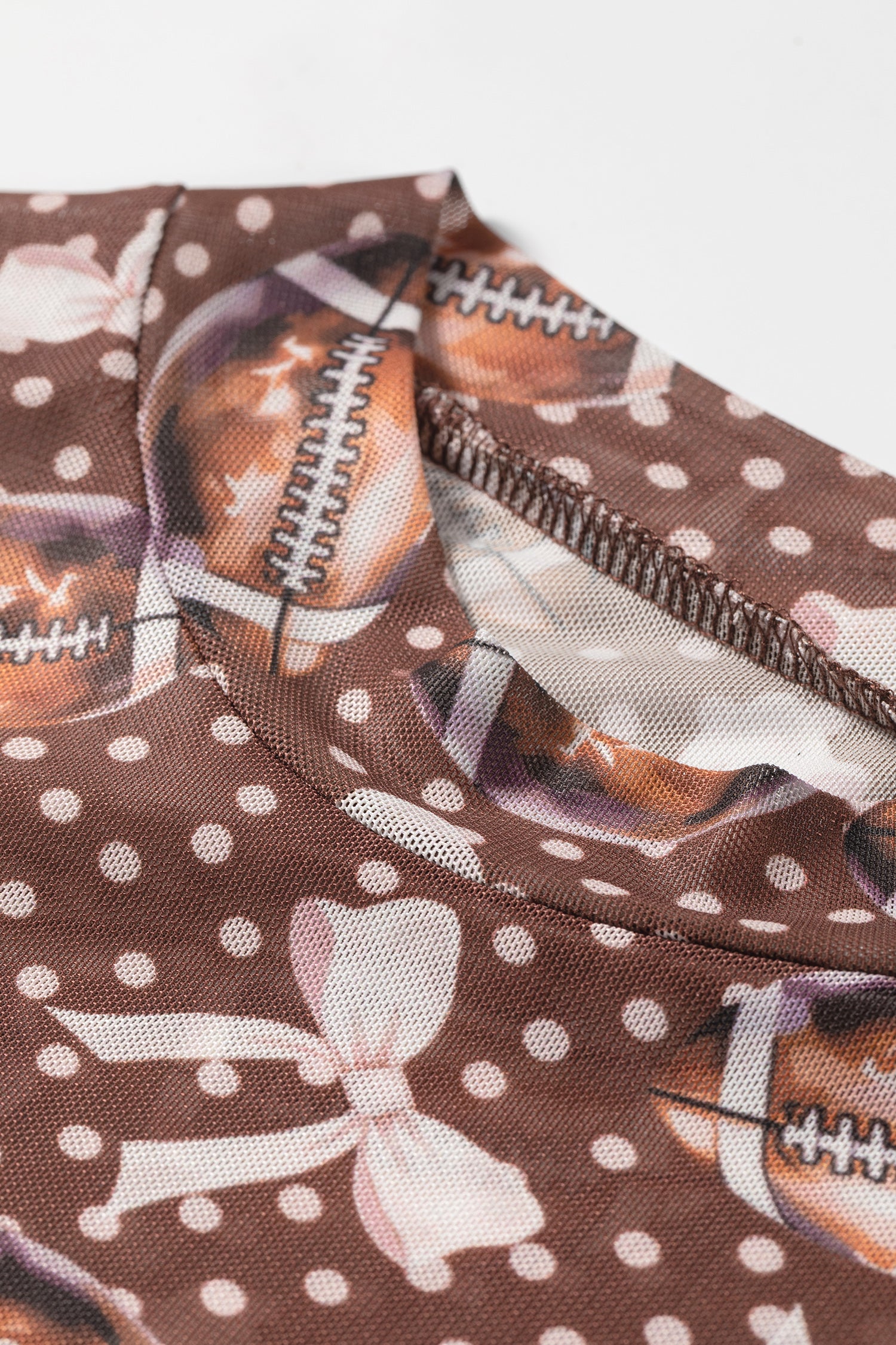 Polka Dot Bow Football Print Long Sleeve Mesh Top – Brown