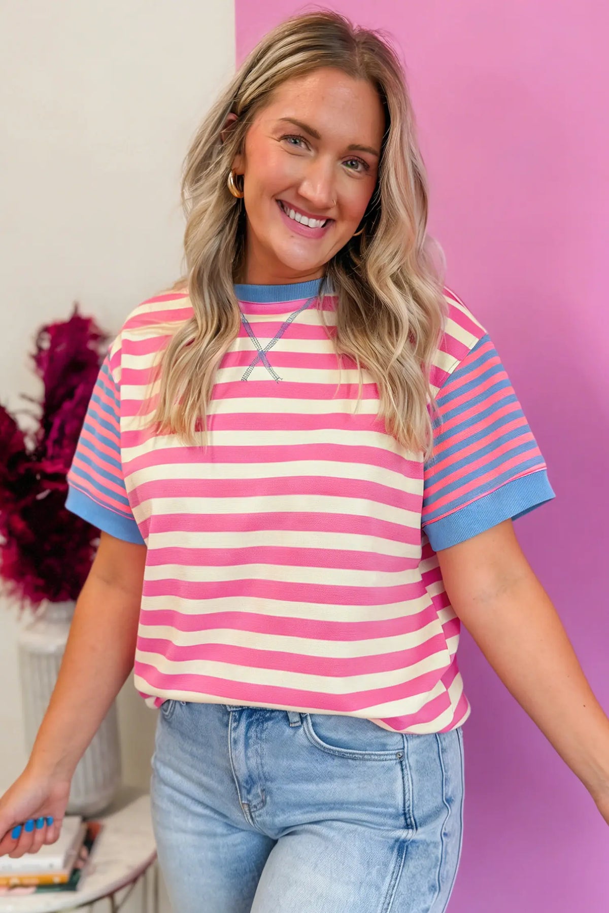 Contrast Patchwork Short Sleeve Loose Tee – Pink Stripe