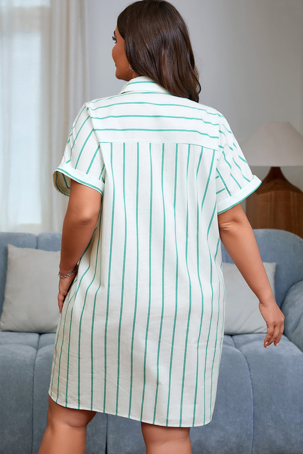 Green Stripe Plus Size St Patricks Day Short Sleeve Buttoned Shirt Dress BB Fashion Outlet