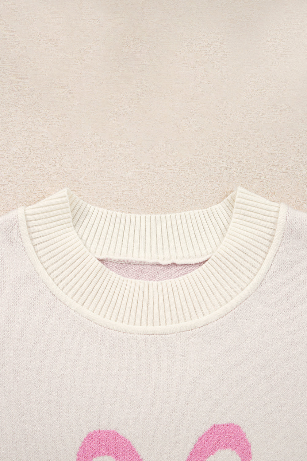Pink Bow Print Ribbed Trim Exposed Seam Drop Shoulder Loose Sweater eAura
