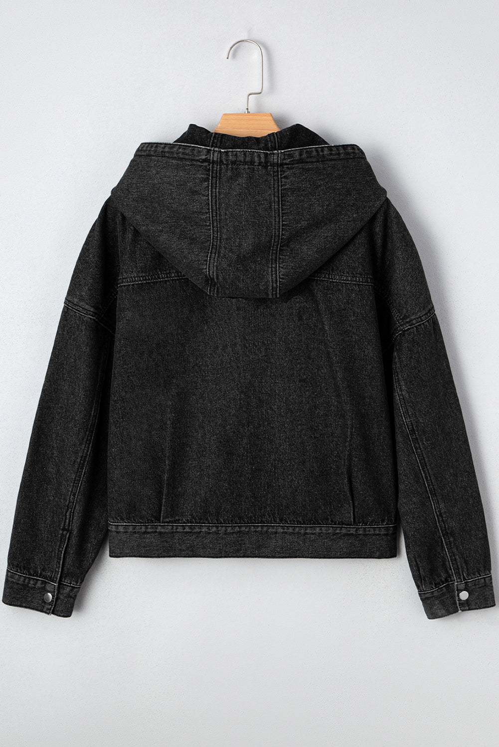 Black Big Chest Pocket Drop Shoulder Hooded Denim Jacket eAura