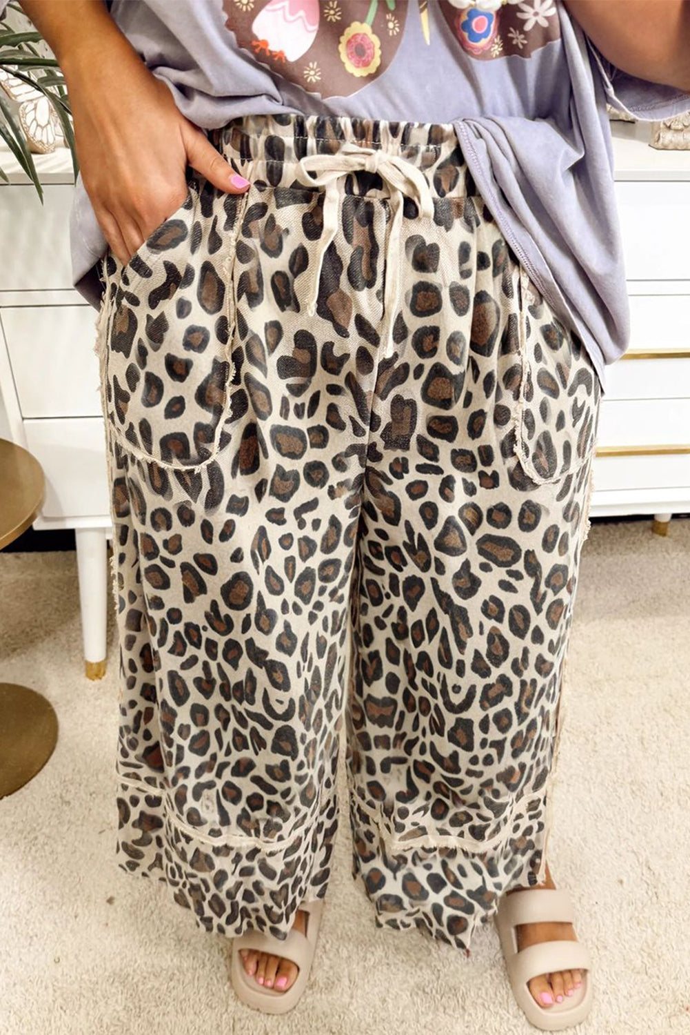 Exposed Seam Patched Pocket Plus Size Drawstring Leopard Wide Leg Pants - eAura