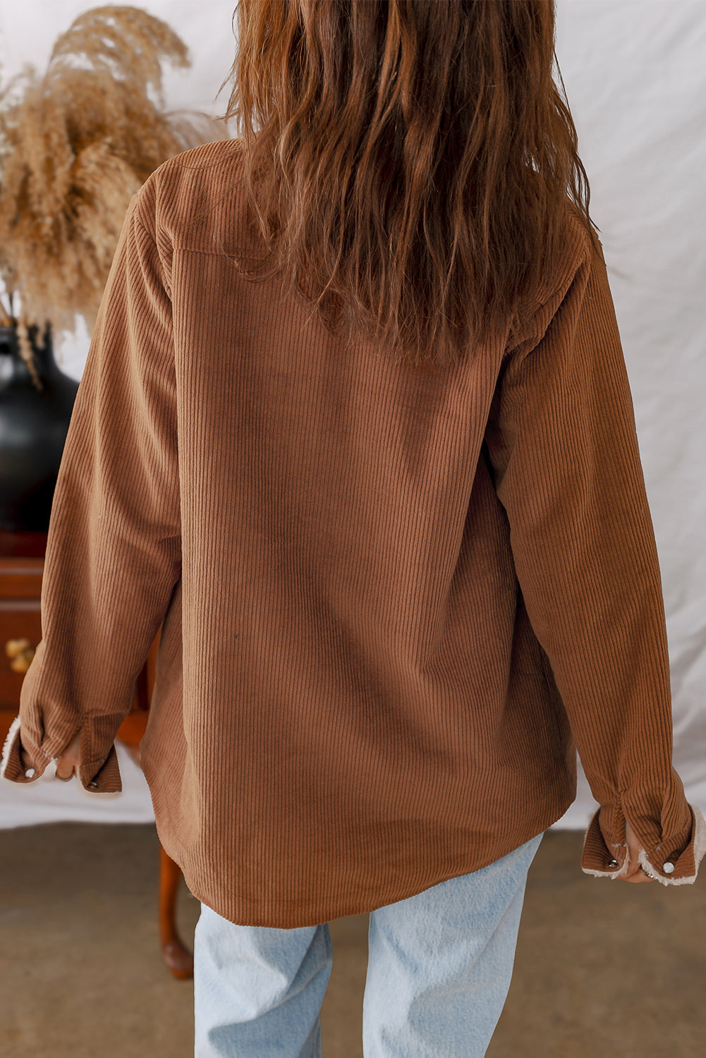 Cinnamon Fleece Lined Buttoned Flap Pockets Corduroy Jacket eAura