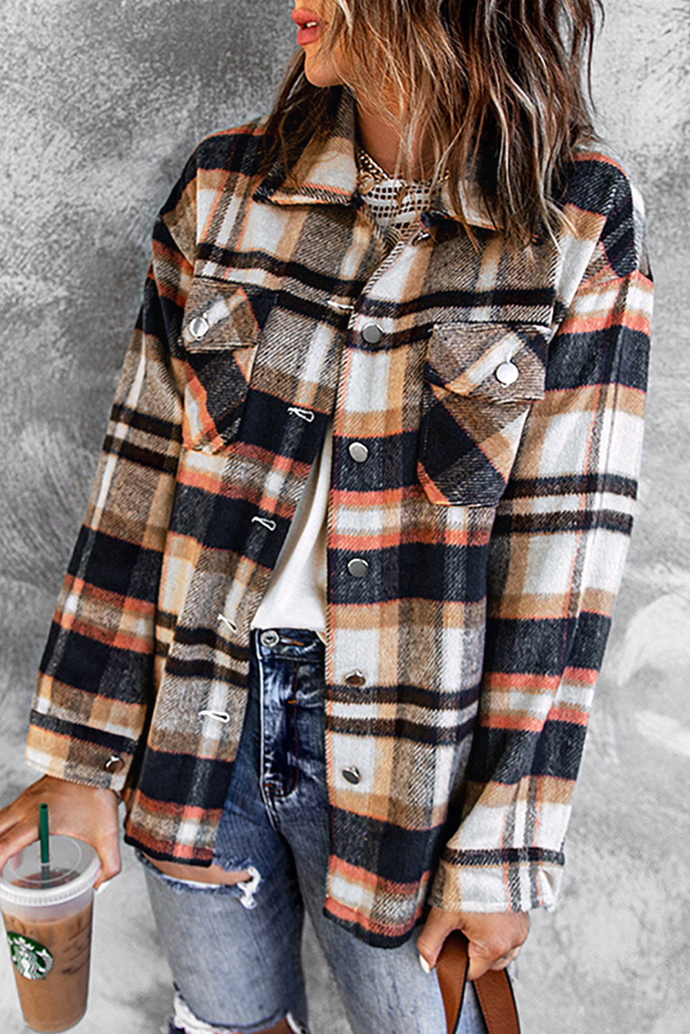 Geometric Plaid Print Pocketed Shacket eAura