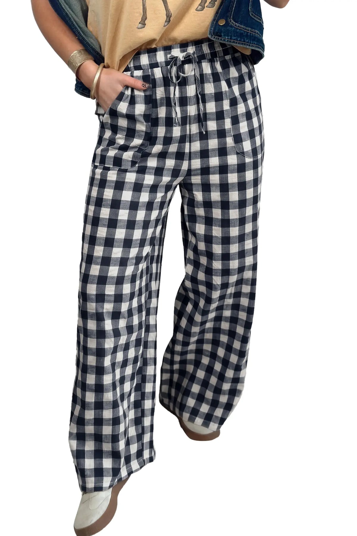 Tie Elastic Waist Shift Pants — Gingham Plaid