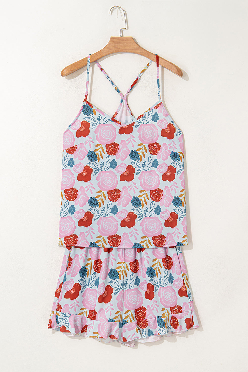 Multicolour Floral V Neck Cami Top and Ruffled Shorts Pyjamas eAura