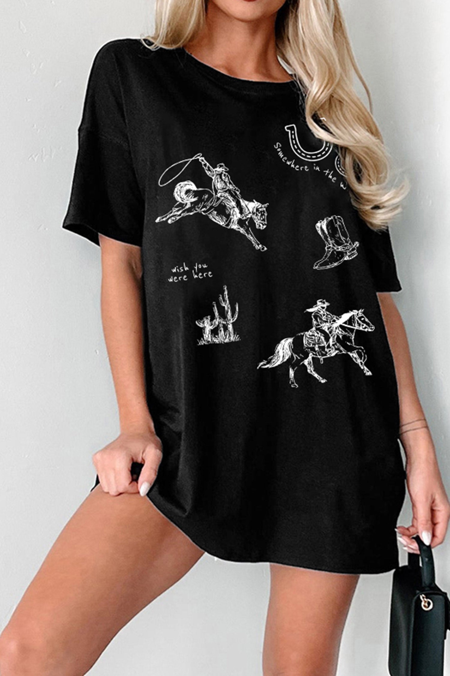 Western Cowboy Print Oversized Tunic Tee – Black