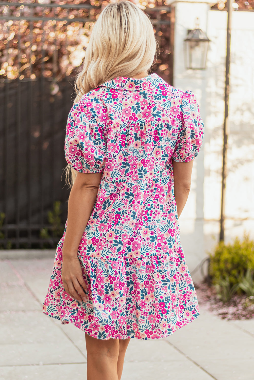 Pink Floral Collared Half Placket Short Sleeve Loose Dress eAura