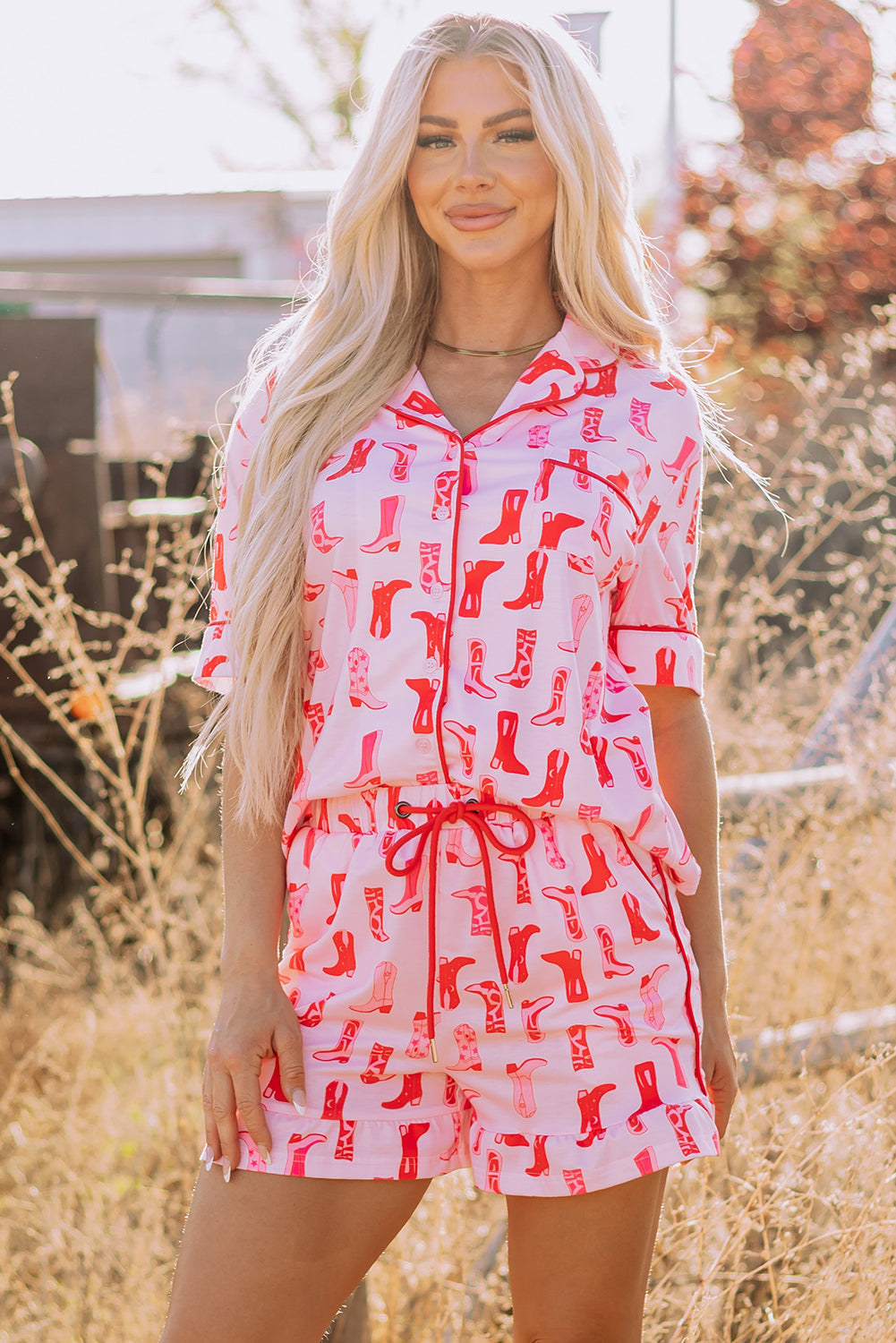 Pink Western Cowgirl Boots Printed Shirt Ruffled Shorts Pyjama Set eAura