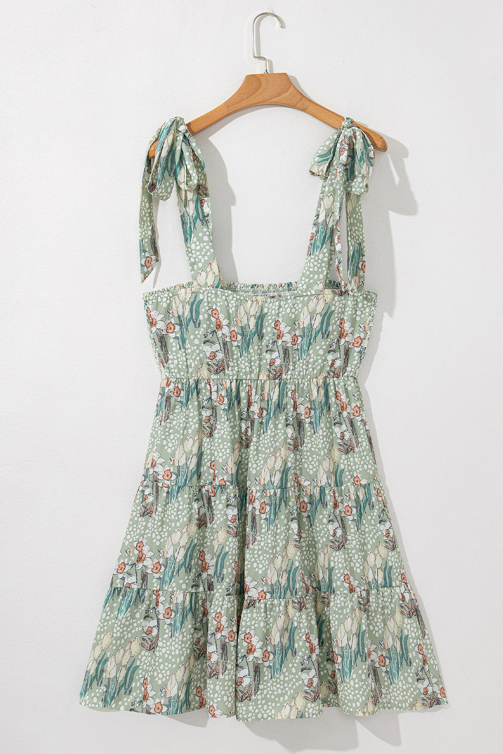 Grey Floral Knotted Strap Smocked Tiered Ruffle Mini Dress eAura