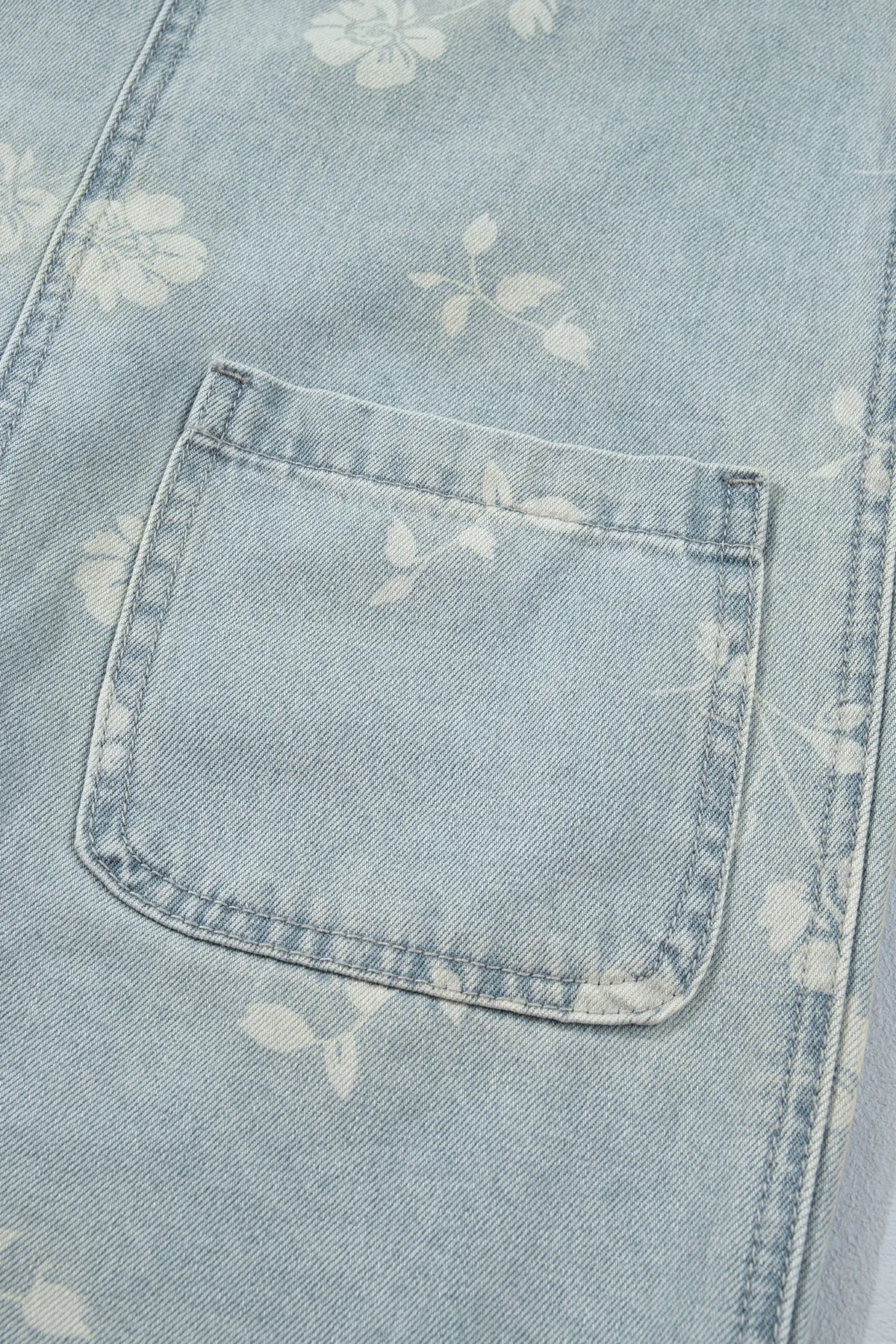Sky Blue Retro Wash Denim Floral Print Overall Mini Dress – Light Blue