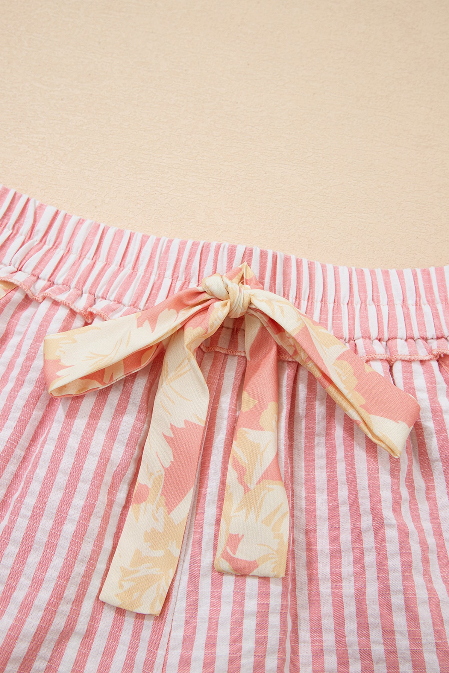 Pink Floral Trim Ribbon Knot Striped Shorts