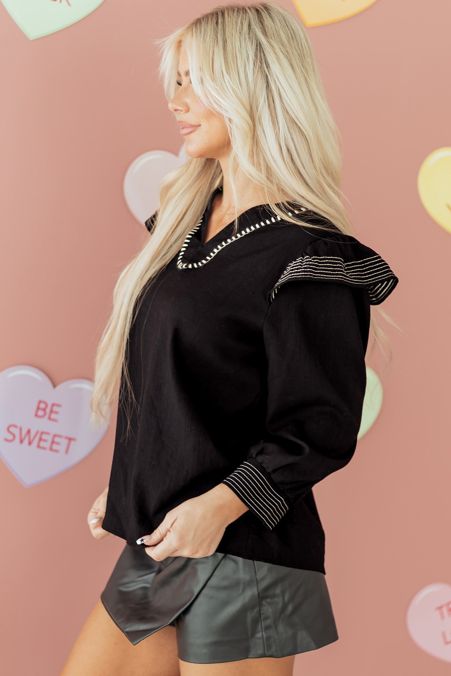 Black Contrast Stitched Detail V Neck Ruffle Long Sleeve Blouse - eAura