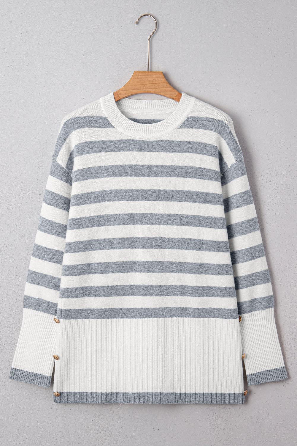 Grey Stripe Ribbed Buttoned Detail Drop Shoulder Tunic Sweater eAura