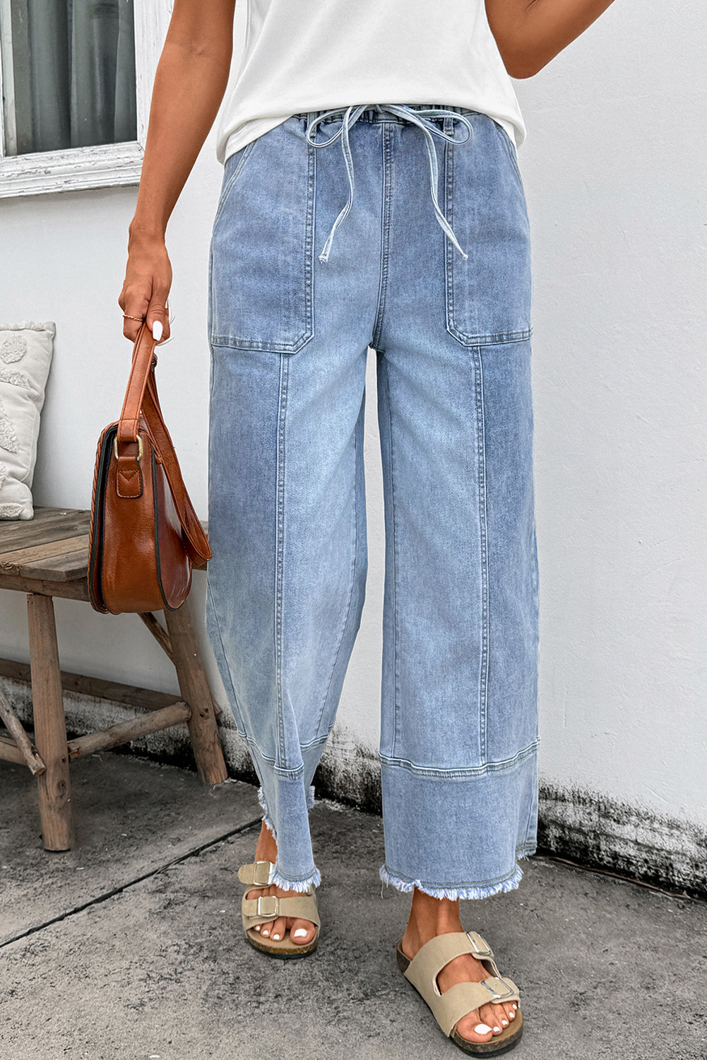 Drawstring Seam Detail Raw Hem Wide Leg Denim Jeans - eAura