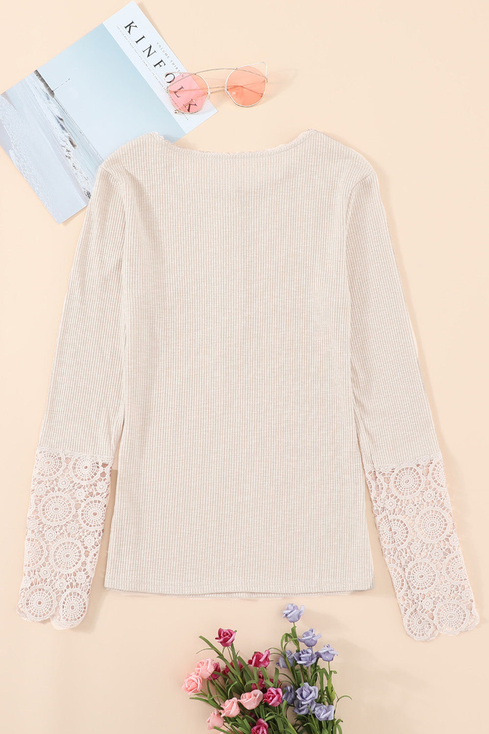 Beige Crochet Lace Hem Sleeve Button Top - eAura