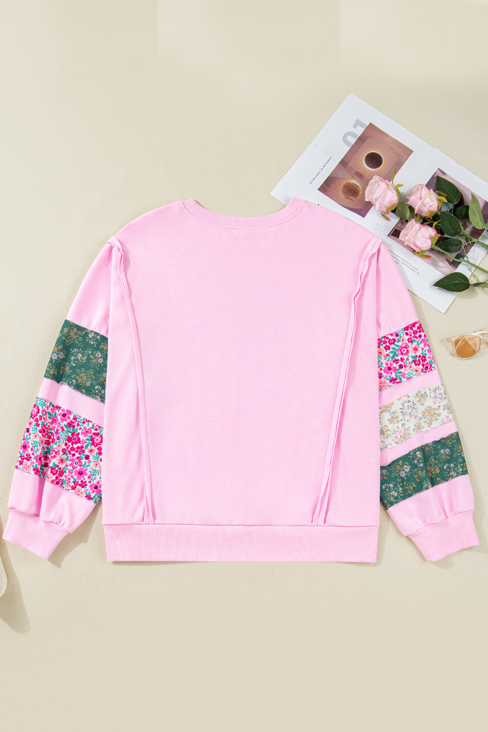 Pink Plus Size Mix Floral Patched Sleeve Ribbed Trim Oversized Sweatshirt - eAura