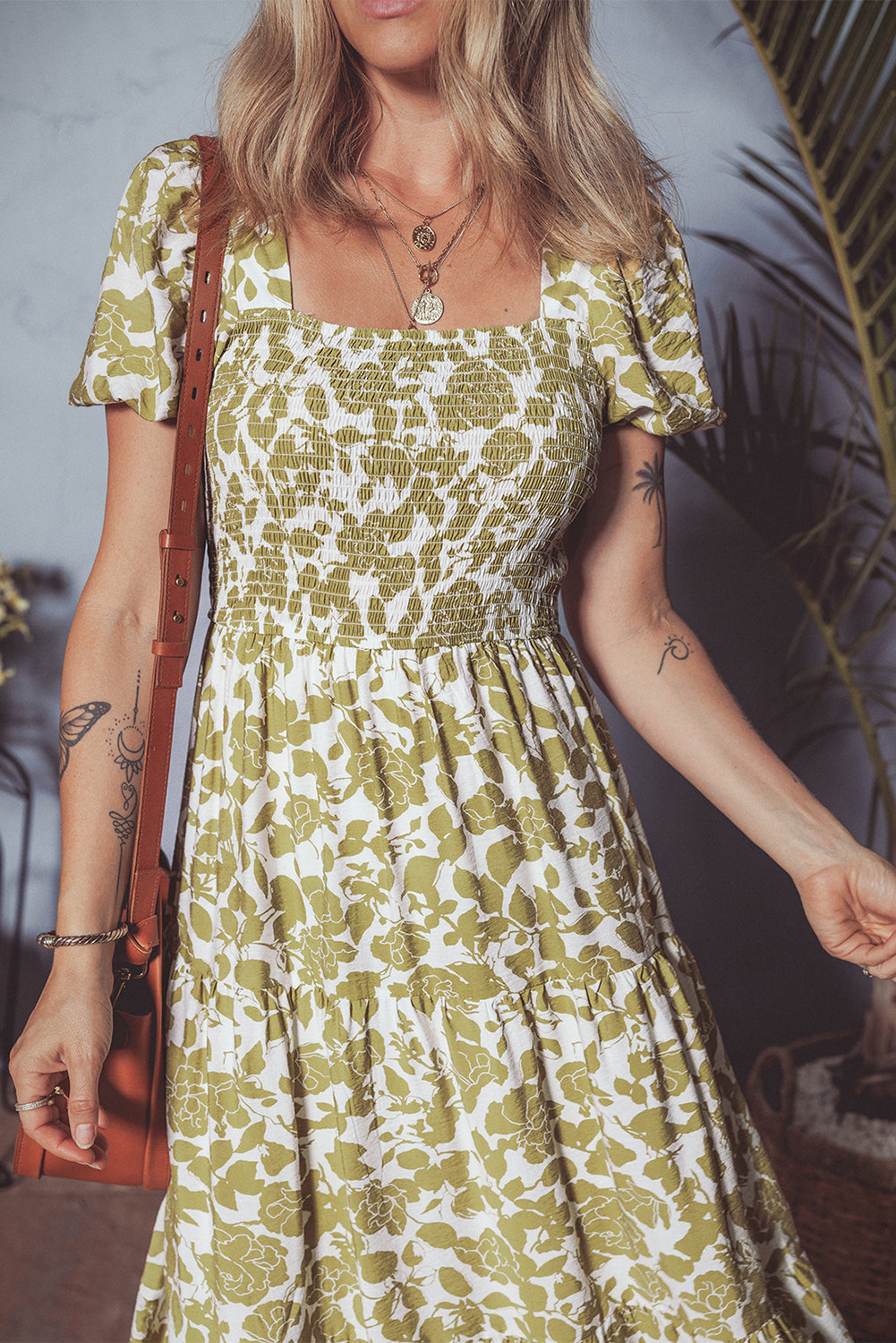 Floral Square Neck Smocked Bust Puff Sleeve Tiered Maxi Dress eAura